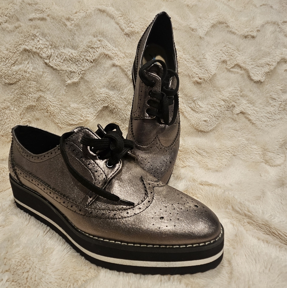 Zara Metallic Gray Women's Wingtip Platform Oxford Shoes